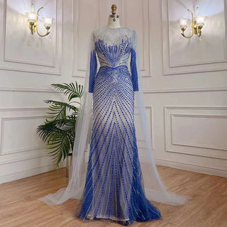 Arabic Blue Mermaid Evening Dress - Long 2024 Beaded Luxury Gown for Women's Party