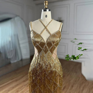 Dubai Silver Mermaid Evening Gown 2024 with Gold Beaded Tassel - Luxury Spaghetti Strap Party Dress for Women