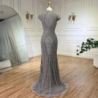 2024 Arabic Dubai Gray Nude Mermaid Floor-Length Beaded Luxury Evening Dress - Gown for Women's Wedding Party