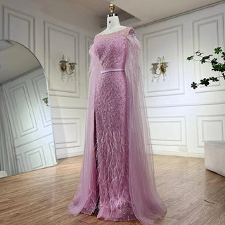 Ships in 1 to 3 Days - 2024 Pink Cape Sleeves Dubai Evening Gown Mermaid with Side Skirt and Feather Beaded Dress for Women's Party