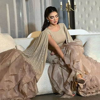 Ships in 1 to 3 Days – Arabic Caramel Mermaid Elegant Cape Sleeves Beaded Satin Luxury Evening Dresses Gowns for Women Party 2024