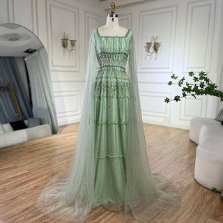 Ships in 1 to 3 Days - Arabic Sage Green A-Line Beaded Luxury Dubai Long Evening Gown with Cape Sleeves for Women