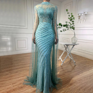 Arabic Caramel Mermaid Evening Dress with Cape Sleeves - Lace Beaded Long Gown for Women's Wedding Party (2024)