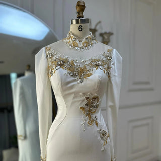 White Satin Mermaid Evening Gown with Beaded Details – Custom Arabic Design for Formal Elegance