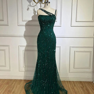 Green One Shoulder Mermaid Elegant Beaded Luxury Evening Dress Gown for Women's Wedding Party 2024