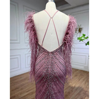 Pink Feathers Mermaid Elegant Long Evening Dress 2024 - Luxury Dubai Gowns for Women's Wedding Party