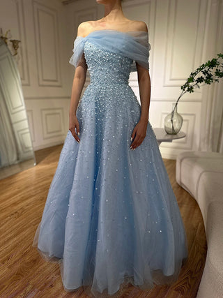 Ships in 1 to 3 Days - 2024 Arabic Blue Off-The-Shoulder Beaded A-Line Evening Dress - Elegant Long Gown for Formal Occasions