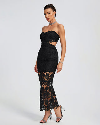 Ships in 1 to 3 Days -Elegant Black Strapless Lace Midi Dress with Sheer Detail