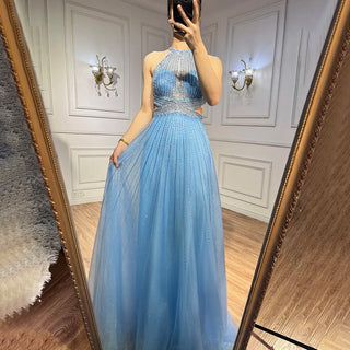 Blue Sexy A-Line 2024 Beaded Halter Prom Dress: Celebrity Graduation School Party Gown