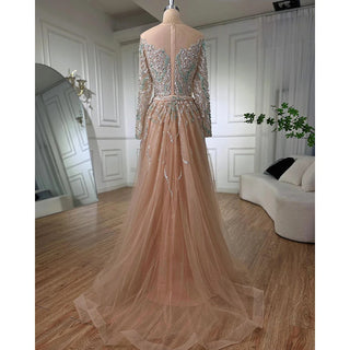 Ships in 1 to 3 Days - Nude Mermaid Evening Dress 2024 with Overskirt, Beaded Detailing, and High Split - Ideal for Women's Wedding Parties