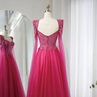 Arabic Fuchsia Evening Dress with Cape Sleeves Luxury Beaded Dubai Elegant Women Wedding Formal Party Gowns