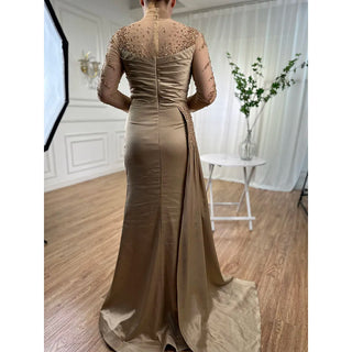 2024 Rose Gold Long Sleeve High Neck Mermaid Evening Gown with Side Skirt: Stain Elegance for Women's Party Glamour