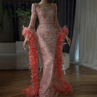 Ships in 1 to 3 Days - 2024 Luxury Peach Mermaid Evening Dress - Flared Sleeves Beaded Feather Gown for Women’s Parties