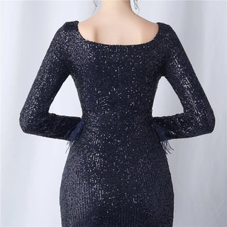 Gorgeous Square Collar Evening Dress with Feather Embellishments and Sequins