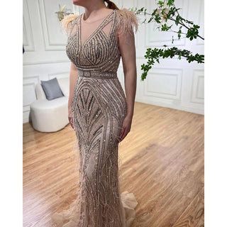 Elegant Luxury Nude Mermaid Evening Dress with Feather Beading - Party Gown for Women 2024