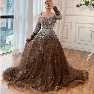 Dubai Decadence: Brown Off-Shoulder Long Sleeve Arabic Gala Gown