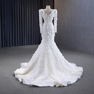 Elegant V-Neck Appliqued Flower Mermaid Wedding Long Dress