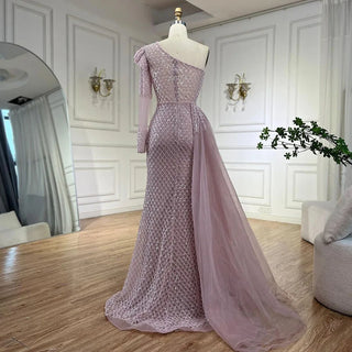 Arabic Pink Mermaid Elegant One Shoulder Beaded Luxury Evening Dresses Gowns For Women Wedding Party 2024