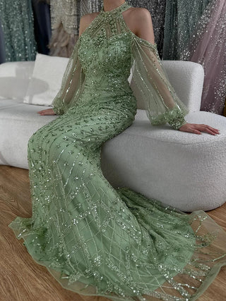 Ships in 1 to 3 Days - 2024 Elegant Sage Green Halter Neck Beaded Luxury Mermaid Evening Dress for Formal Occasions - Saudi