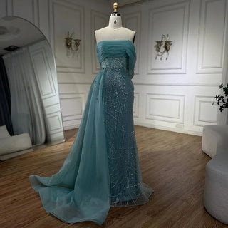 Ships in 1 to 3 Days - Turquoise Luxury Evening Dress with Side Train - Pearls One Shoulder Gown for Women's Formal Prom Wedding Party