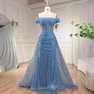 Ships in 1 to 3 Days - Blue Mermaid Off-The-Shoulder with Overskirt Beaded Sequined Evening Dress - Women's Party 2024