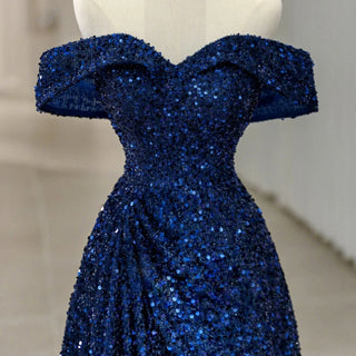 New Blue A-Line Prom Dress with Sequins and Off-Shoulder Design