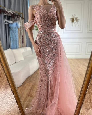 Ships in 1 to 3 Days - 2024 Arabic Pink Mermaid Evening Gown with One Shoulder and Beaded Detailing - Elegant Long Dress for Formal Occasions