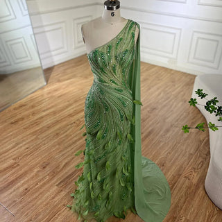 2024 Arabic Green One Shoulder Beaded Feathers Luxury Evening Gown with Side Cape Shawl for Women's Party