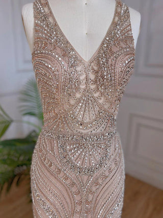 Nude Luxury Mermaid Evening Dress 2024 - Beaded Feather Gown for Women's Wedding Party