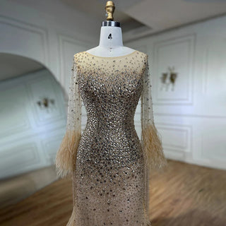 Muslim Gold Feathers Beaded Tassel Arabic Luxury Evening Gown 2024 - Perfect for Women's Wedding Parties