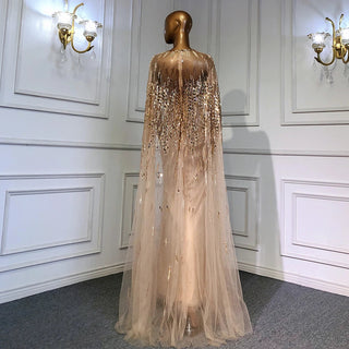 Luxury Gold Cape Sleeves A-Line Evening Gown 2024: Beaded for Women's Wedding Party