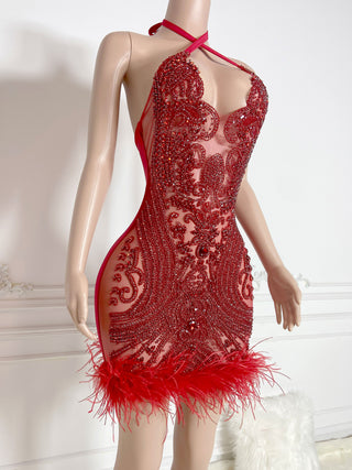 Ships in 1 to 3 Days - Exquisite Scarlet Beaded Illusion Mini Dress