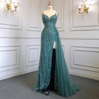 Green Spaghetti Straps Mermaid Evening Dress 2024 with High Split and Beaded Elegance - Ideal for Women's Parties