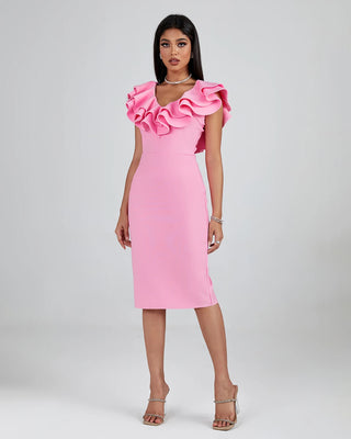 New Arrival Ladies Pink Casual Dress - Double Layers Ruffle Short Sleeve Knee-Length Bodycon Bandage Dress