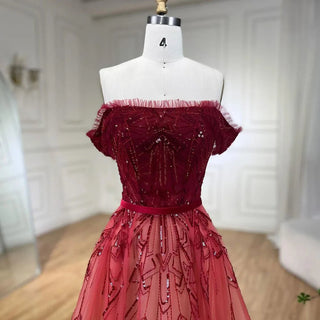 Gradual Change Red A-Line Elegant Evening Dress 2024 - Beading Sequins, Boat Neck Formal Dress Design