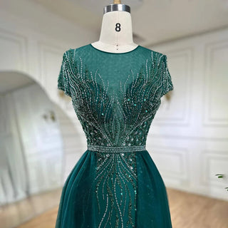 Green Mermaid Elegant Evening Dress with Overskirt - Beaded Luxury Dubai Gown for Women Wedding Party 2024