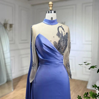 Arabic Blue Mermaid Elegant Cape Sleeves Beaded Satin Luxury Evening Dress - Women's Party 2024