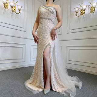 Sensual Beige Beauty: 2024 Mermaid Evening Dress with High Split, Beading, and Elegant Overskirt