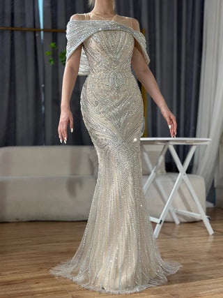 Saudi Arabic Silver Nude Beaded Mermaid Evening Gown - Luxury Dress for Formal Occasions