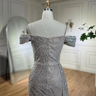 Arabic Silver Nude Mermaid High Split Beaded Luxury Dubai Evening Dress - Women's Wedding Party 2024