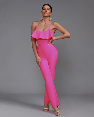 Pink One-Piece Chic Ruffle Strap Wide-Leg Jumpsuit for Women 2024