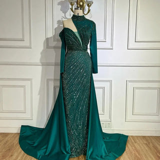 Arabic Green Elegant Mermaid One Shoulder Beaded Luxury Dubai Evening Dresses Gowns For Women Wedding Party