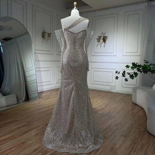 Ships in 1 to 3 Days - 2024 Arab Nude One Shoulder Mermaid Evening Dress: Elegant Luxury Gown with Beading for Women's Party