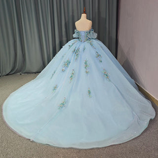 Fashion Blue Off-Shoulder Puffy Evening Party Dress with Pearls