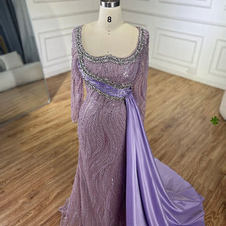 2024 Luxury Dubai Lilac Mermaid Dress with Satin Overskirt Beaded Evening Gown for Women Wedding Party