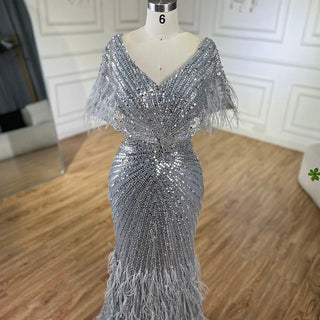 2024 Arabic Elegant Gray Mermaid Luxury Dubai Evening Gown with Feathers Beaded Dress for Women's Party