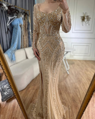 2024 Dubai Arabia Luxury Beaded Evening Dress - Green Elegant Split Mermaid Gown for Women's Wedding Parties