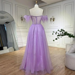 Ships in 1 to 3 Days - Dubai Arabic Elegant Lilac Feathers Beaded A-Line Evening Gown 2024 Luxury Dress for Women Long Party Dress