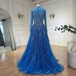 Muslim Elegant Blue A-Line Beaded Luxury Dubai Evening Dresses Gowns For Women Wedding Party 2024