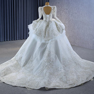 Luxury High Neck Long Sleeve Bridal Puffy Wedding Gown